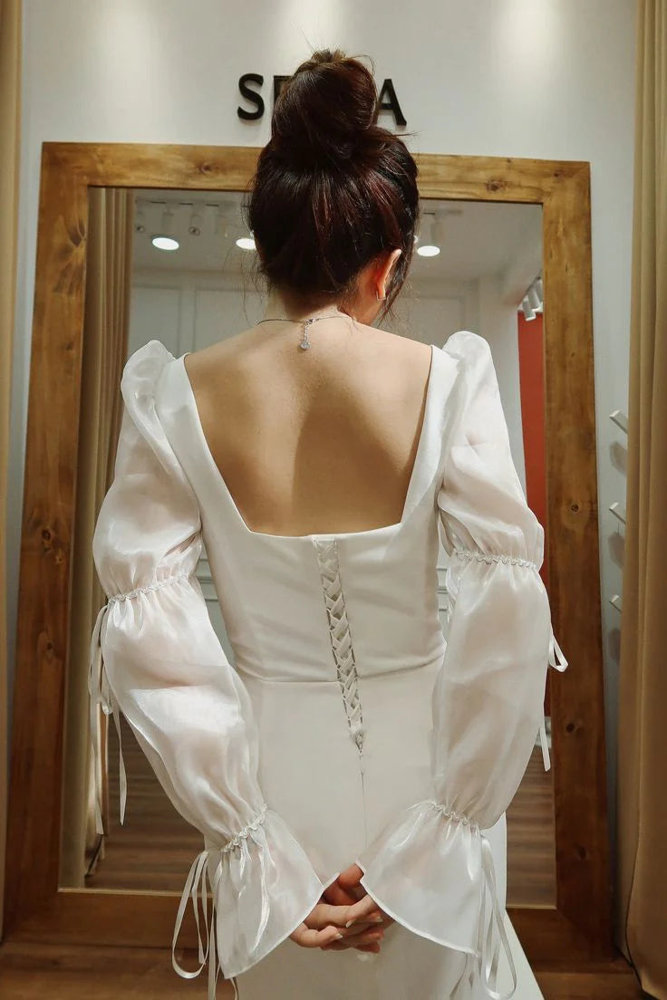 Luolandi Square Neck Long Sleeves Mermaid Long Prom Dress Light Wedding Dress Elegant