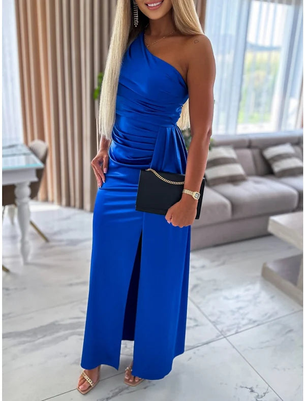 Luolandi Women's Prom Dress Party Dress Satin Dress Long Dress Maxi Dress Blue Sleeveless Pure Color Ruched One Shoulder Party Wedding Guest Evening Dress
