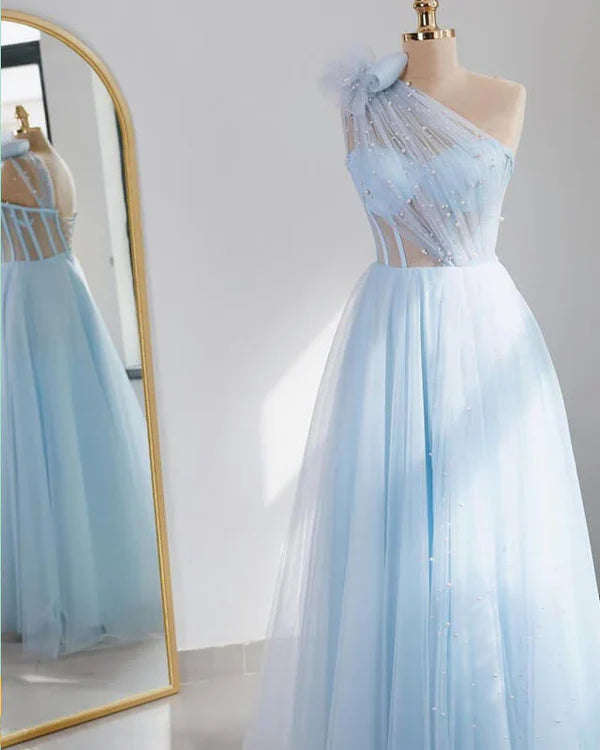 Luolandi Light Blue Tulle One Shoulder Dress A-Line Princess Prom Dresses Beautiful