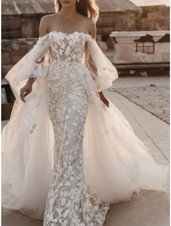 Luolandi Formal Wedding Dresses A-Line Sweetheart Long Sleeve Court Train Lace Bridal Gowns With Pleats Appliques Beautiful