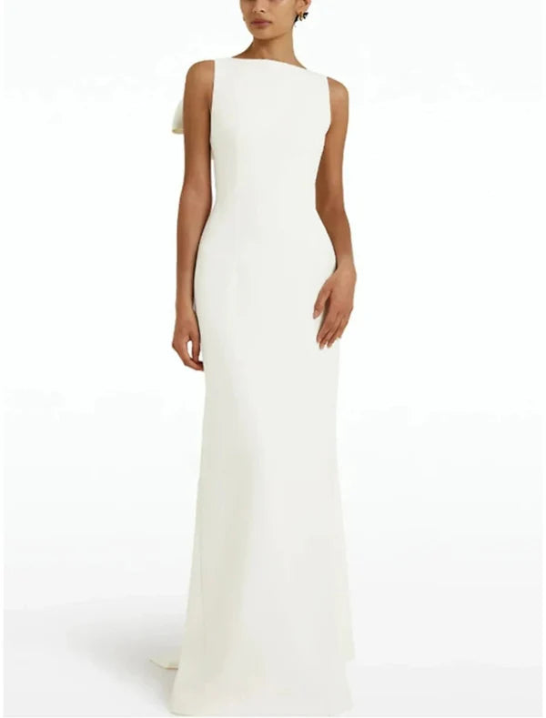 Luolandi Sheath Evening Dress Wedding Guest Elegant Dress Formal Sweep / Brush Train Sleeveless Jewel Neck Fabric with Bow(s) Solid Color