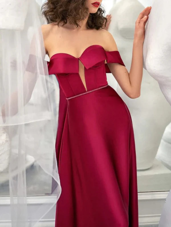 Luolandi A-Line Burgundy Strapless Sleeveless Floor-Length Evening Dress Off Shoulder Sexy