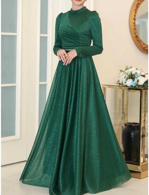 Luolandi A-Line Evening Gown Elegant Dress Formal Floor Length Long Sleeve High Neck Lurex Fabric with Rhinestone Pleats Ruched Mother of the Bride Dress