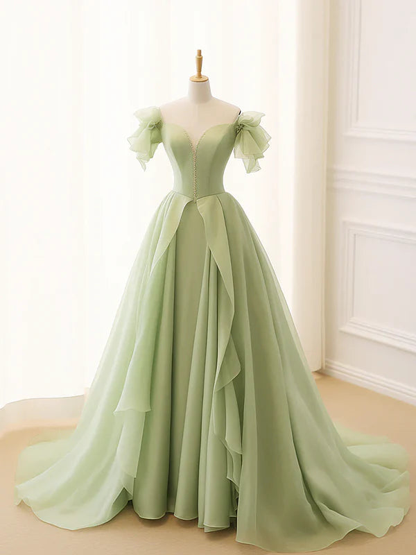 Luolandi A-Line Princess Green Tulle Long Prom Dress Quinceanera Dress Floor Length