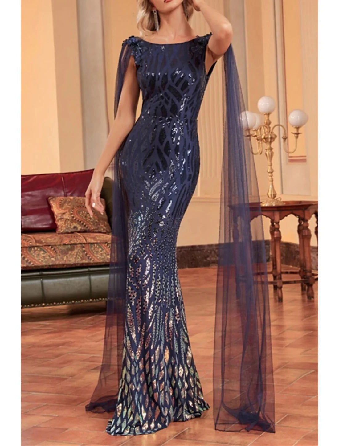 Luolandi Mermaid / Trumpet Mother of the Bride Dress Wedding Guest Party Sparkle & Shine Bateau Neck Floor Length Tulle Sequined Sleeveless with Sequin Draping Evening Dress