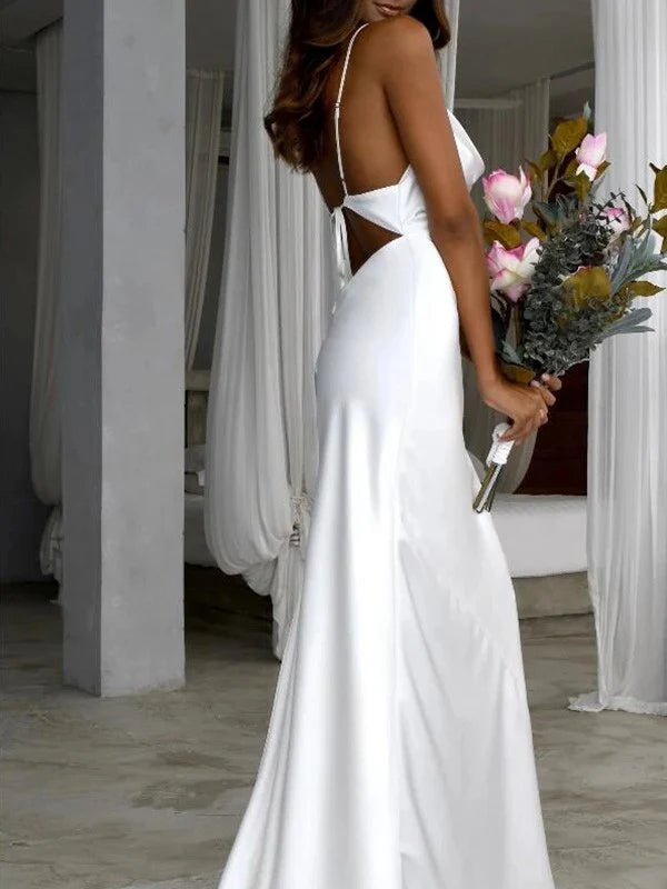 Luolandi Sheath/Column Woven Satin Ruched Spaghetti Straps Sweep/Brush Train Sleeveless Wedding Dresses Solid Color