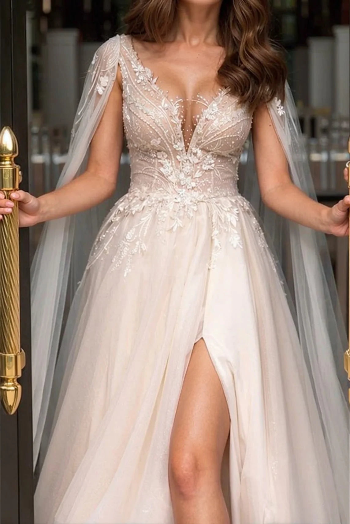 Luolandi Charming A Line Long Wedding Dress V Neck Elegant Bridal Dress With Slit