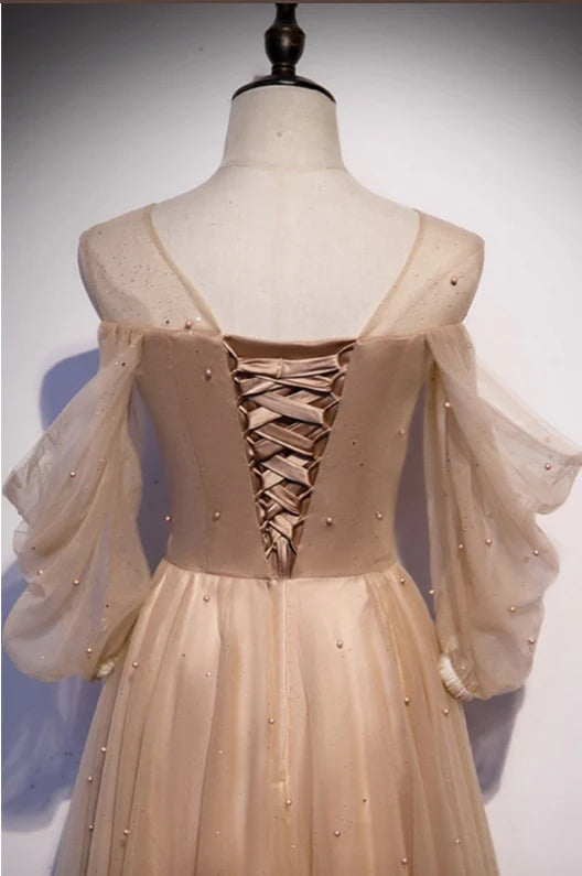 Luolandi A-Line Elegant Cold Shoulder Long Prom Dress with Beadings Charming Evening Party Dress