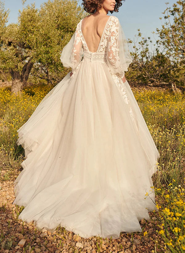 Luolandi A-Line V-Neck Long Sleeves Lace/Tulle Wedding Dresses Open Back Floor Length Elegant