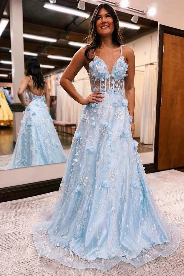 Luolandi Princess Light Blue 3D Floral Lace V-Neck A-Line Long Prom Dress Sleeveless Beautiful