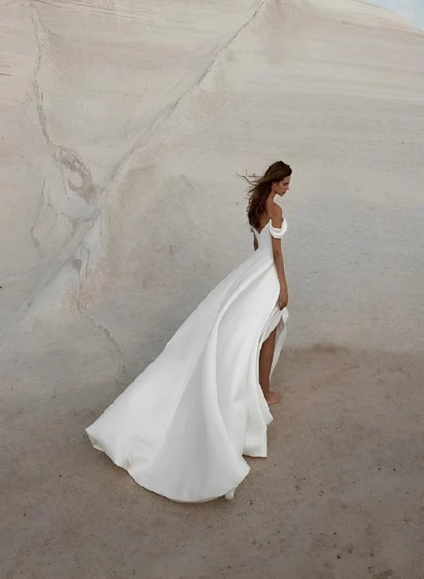 Luolandi Elegant Off The Shoulder Court Train Wedding Dress With Split Front Floor Length Simple Bridal Gown