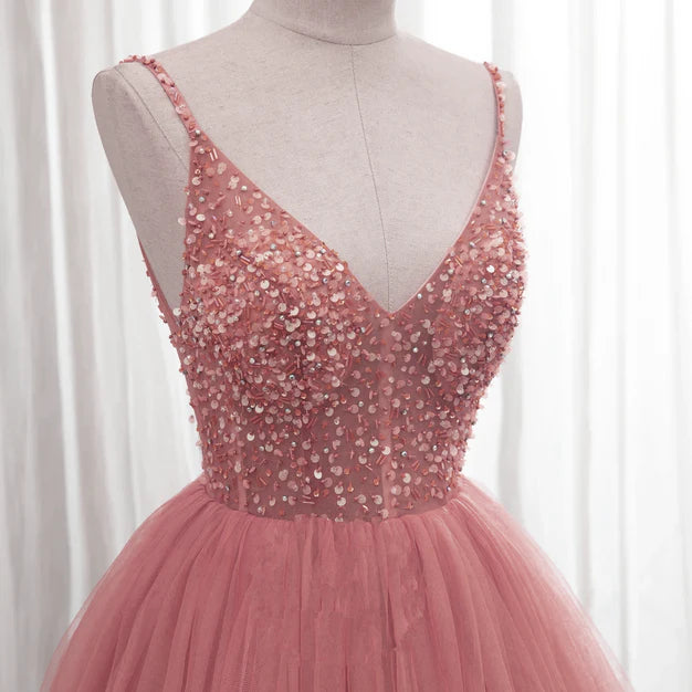Luolandi Dark Pink Sequins V-neckline Straps Long Evening Dress Tulle Pink Prom Dress Elegant