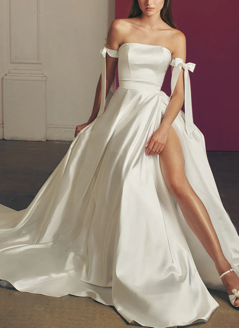 Luolandi Modern Satin Off The Shoulder A Line Wedding Dress Floor Length Simple With Slit