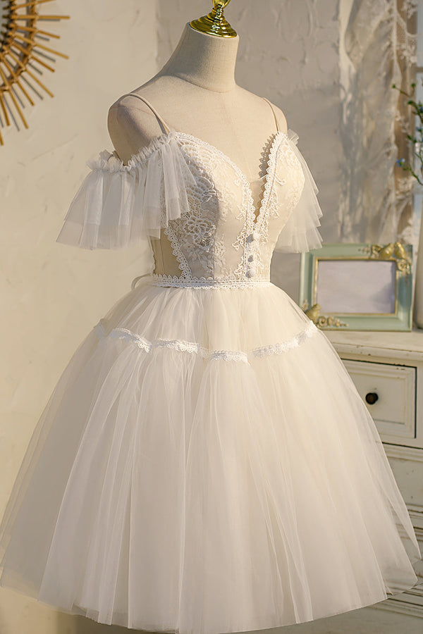 Luolandi A-line V Neck Spaghetti Straps Tulle Homecoming Dress Ivory Wedding Dress