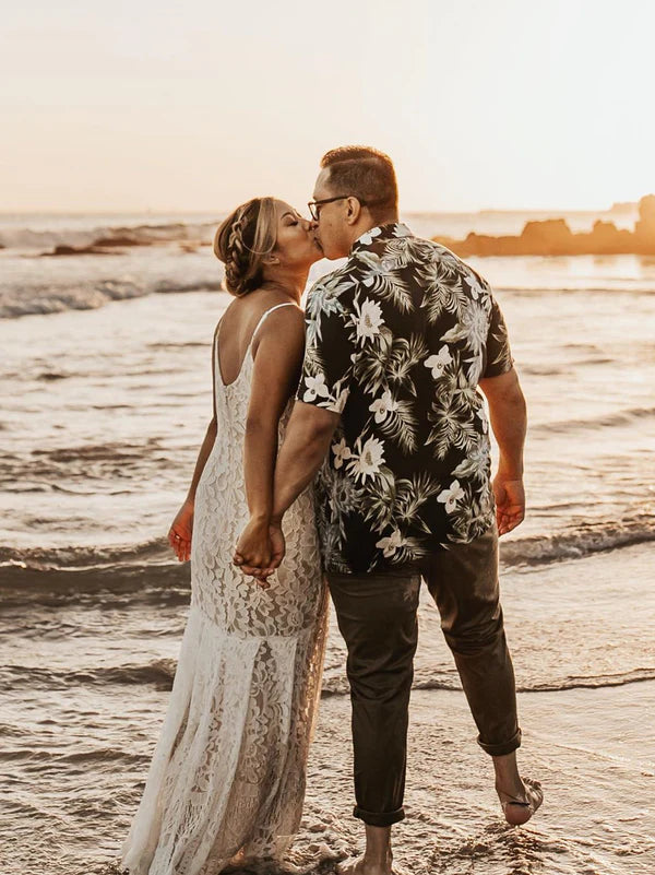 Luolandi Simple Illusion Lace Spaghetti Straps V-Neck Floor Length Sheath Wedding Dress Beautiful