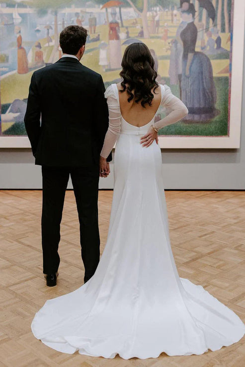 Luolandi Mermaid Square Neck Long Sleeves Satin Wedding Dresses Open Back Sexy