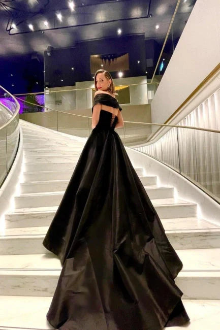 Luolandi Black A-Line Off Shoulder Sweep Train Long Prom Dress with Slit Charming Evening Dress