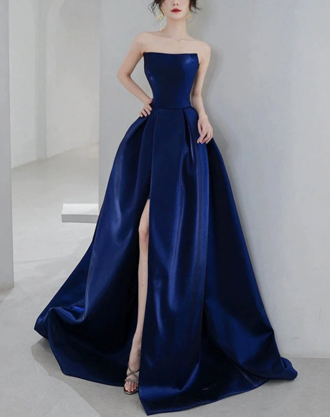 Luolandi Blue Strapless Satin Long Prom Dress Beautiful A-Line Evening Party Dress with Slit Sexy