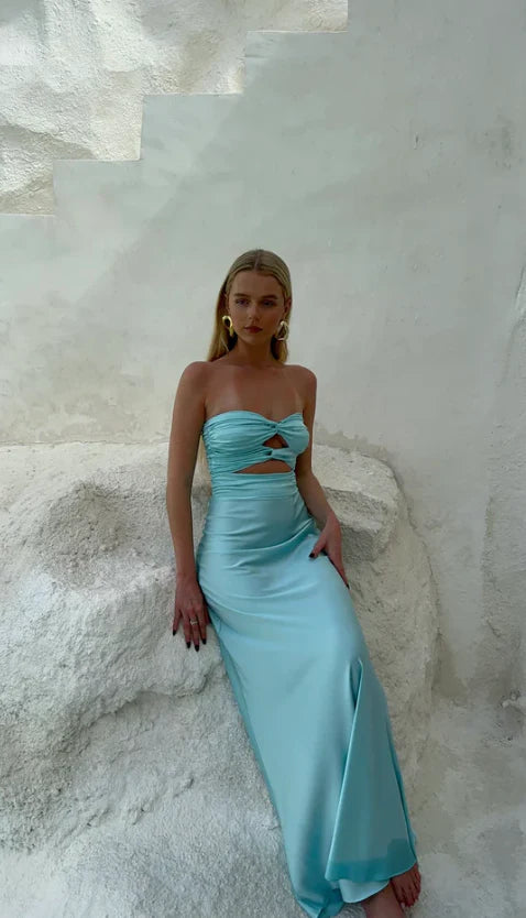 Luolandi Light Blue Strapless Satin Simple Long Prom Dress Yellow Off Shoulder Sexy Party Dress