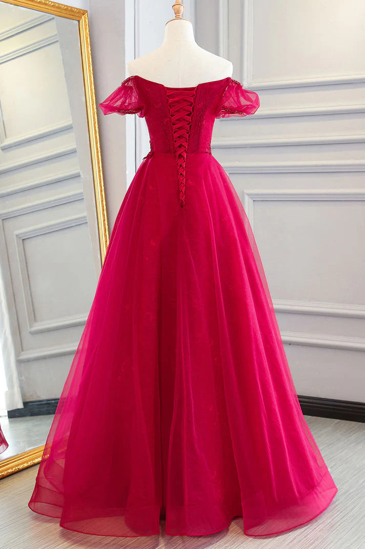 Luolandi Red tulle long prom dress lace evening dress A Line Off Shoulder Formal Dress december wedding guest dress