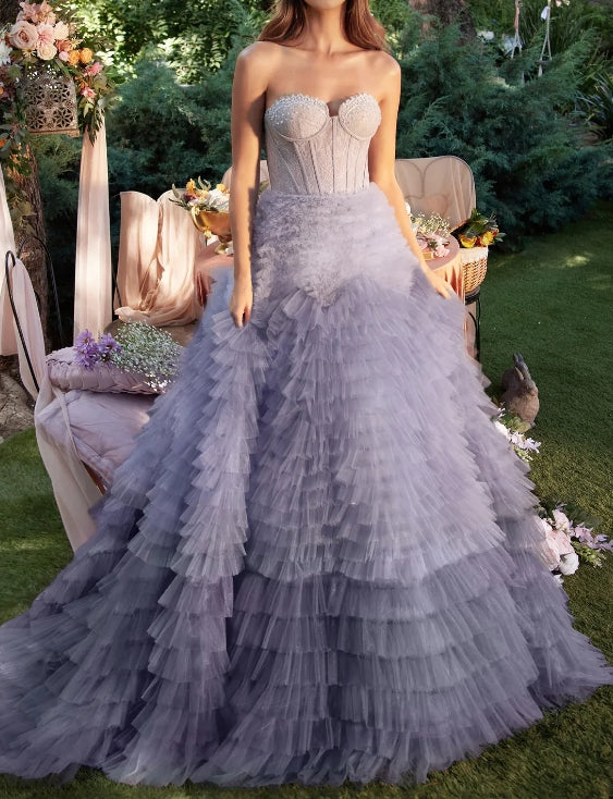 Luolandi Strapless Ruffled Ball Gown Party Dress Sweep / Brush Train Tulle with Ruffles Prom Dress