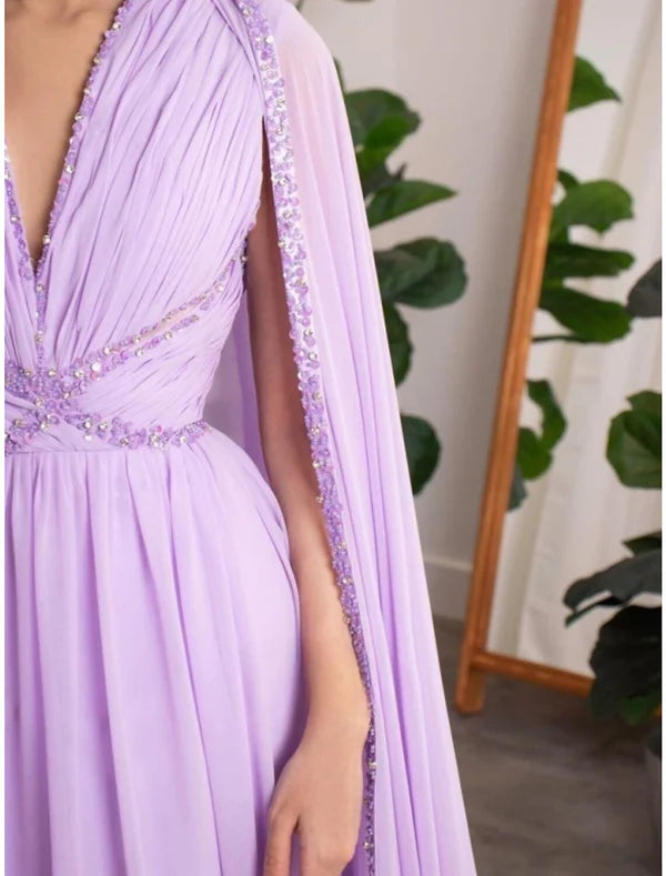 Luolandi A-Line Evening Gown Elegant Dress Formal Fall Court Train Long Sleeve V Neck Chiffon with Pleats Sequin Floor Length