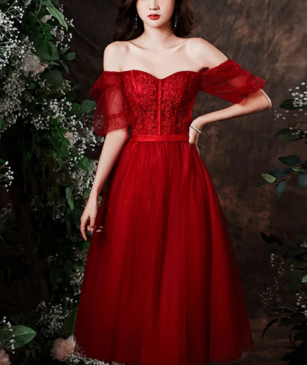 Luolandi Cute Wine Red Tulle with Lace Tea Length Formal Dress Evening Dresses Prom Dress