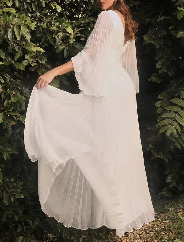 Luolandi Beach Casual Wedding Dresses A-Line V Neck Long Sleeve Floor Length Chiffon Bridal Gowns Elegant