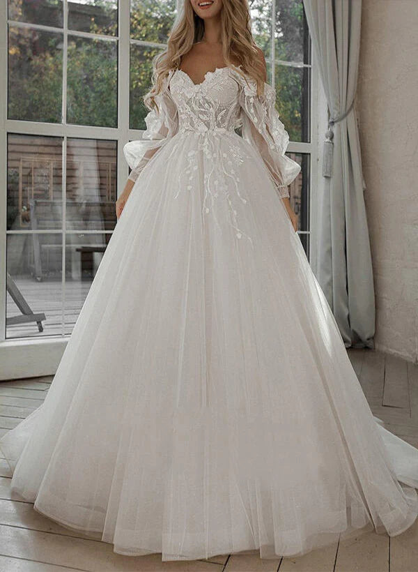 Luolandi Sweetheart Tulle Lace Sweep Train Wedding Dresses With Lace A Line Floor Length Elegant