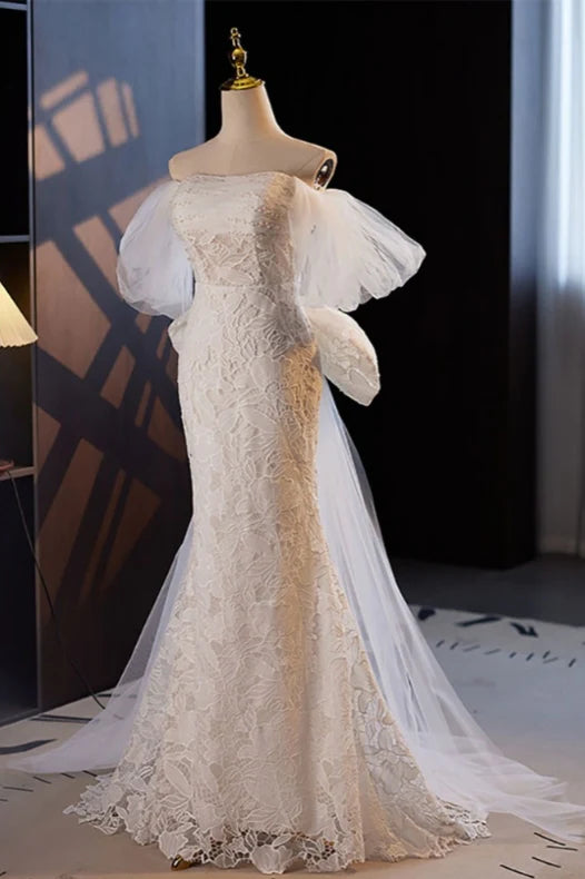 Luolandi Gorgeous Mermaid Lace Wedding Dress Party Dress Off Shoulder with Big Bow Off Shoulder