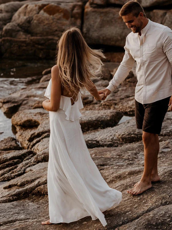 Luolandi Beautiful Simple Spaghetti Straps Long Backless Chiffon Wedding Dresses Solid Color Formal Dress Party Dress