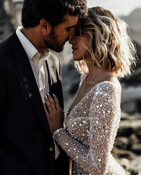 Luolandi Bohemian A-Line Sparkly Sequined Luxury Wedding Dresses V-neck Open Back Sexy