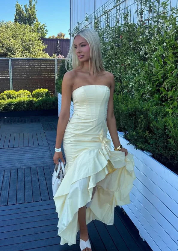 Luolandi Mermaid Strapless Ruffle Light Yellow Satin Long Prom Dress Evening Dress Charming Party Dress