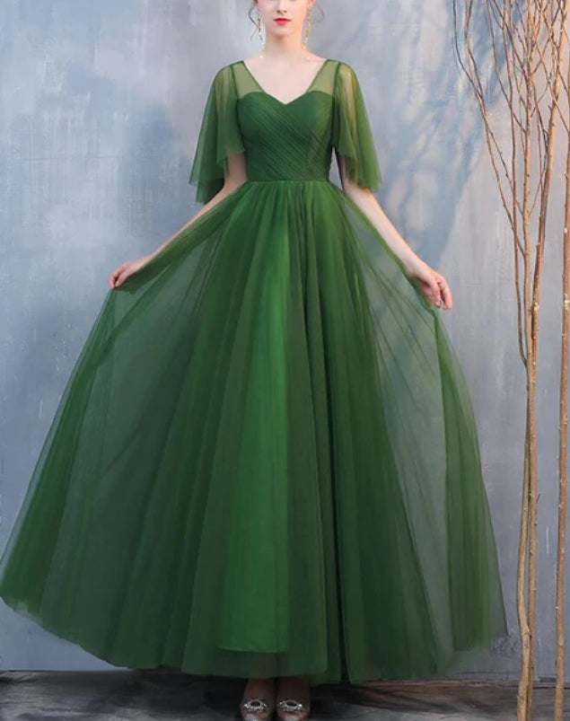 Luolandi Dark green Tulle A-line Long Formal Dresses Evening Dress Floor Length Bridesmaid Dresses Elegant Prom Dress