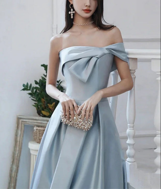 Luolandi Blue Satin Long Prom Dress with Bow A-line Party Dress Off Shoulder Elegant Evening Dress With Slit