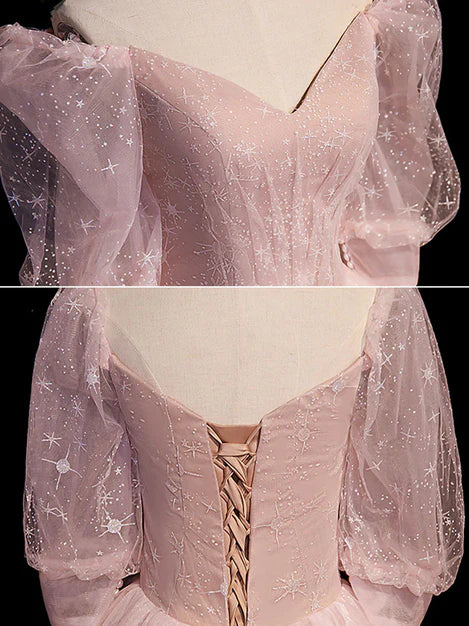 Luolandi Pink Tulle Short Sleeves Ball Gown Long Formal Dresses Evening Dresses A Line Prom Dresses