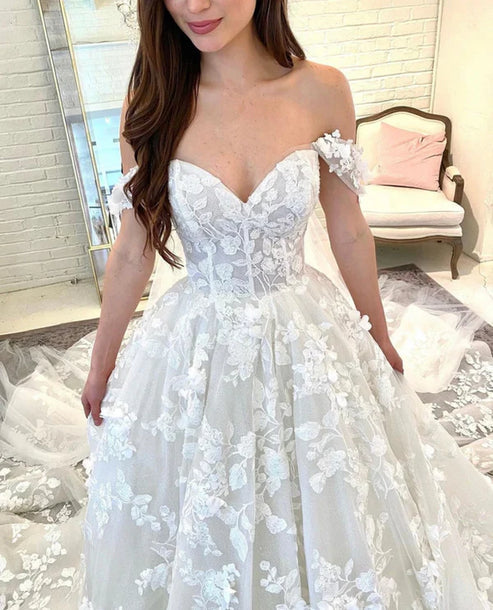 Luolandi Gorgeous Ball Gown Sweetheart Lace Tulle Wedding Dresses Off Shoulder Beautiful