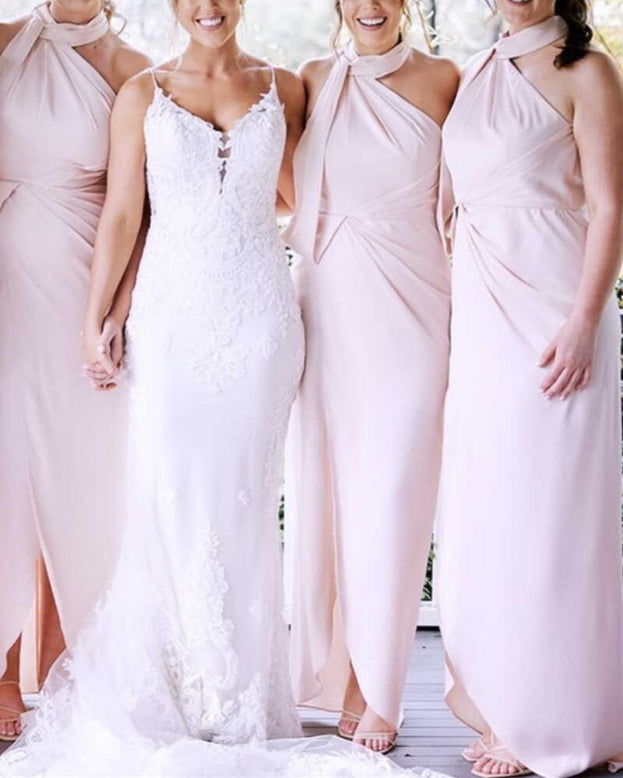 Luolandi Pink Halter Backless Long Bridesmaid Dress Elegant Evening Party Dress Formal Dress