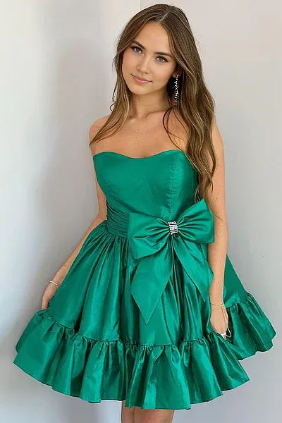 Luolandi Strapless Ruffle Homecoming Dress with Bow Off Shoulder Hot Pink Party Dress
