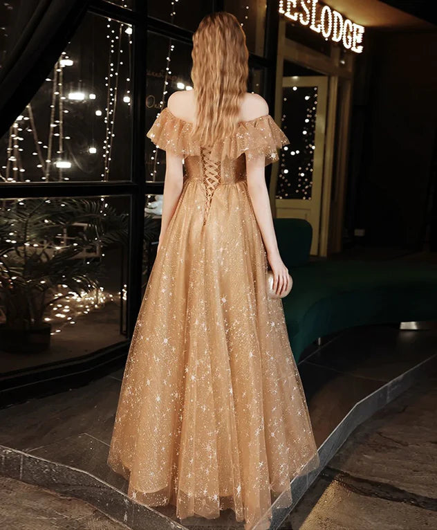 Luolandi Off Shoulder Champagne Tulle Long Party Dress A-line Lace-up Evening Gown Prom Dress