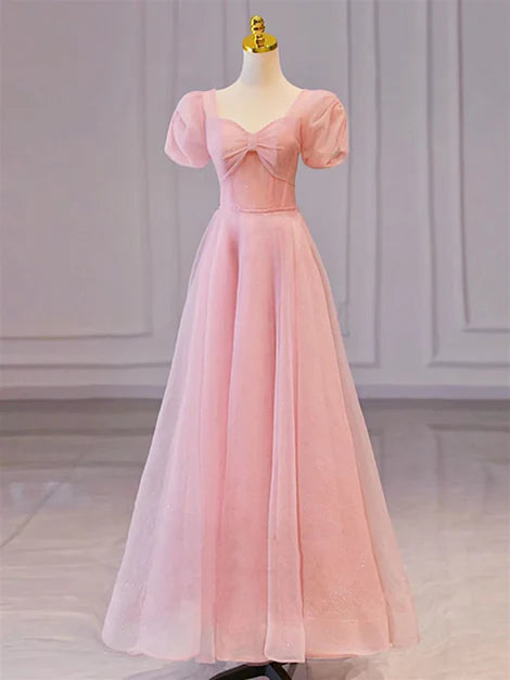 Luolandi Pink Sweetheart Short Sleeves Long A-line Prom Dress Evening Gowns Elegant