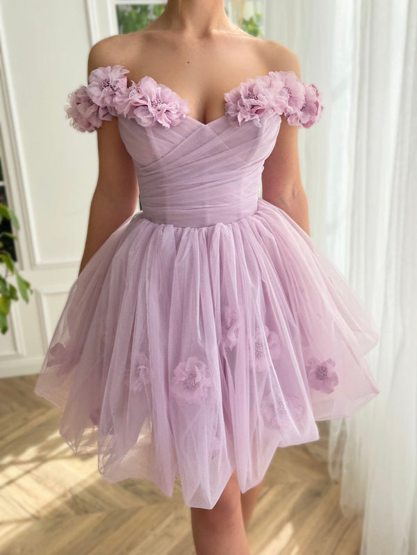 Luolandi A Line Strapless Short Tulle Homecoming Dress Off Shoulder Graduation Dress With Flowers