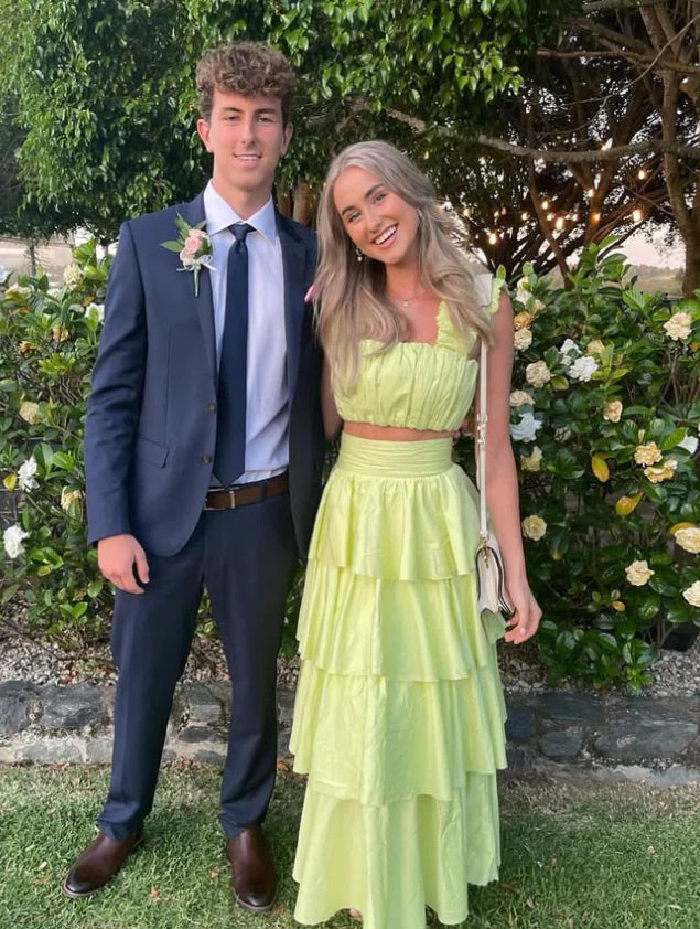 Luolandi Two Piece A Line Off the Shoulder Layered Satin Long Prom Dress Outfits Charming Party Dress