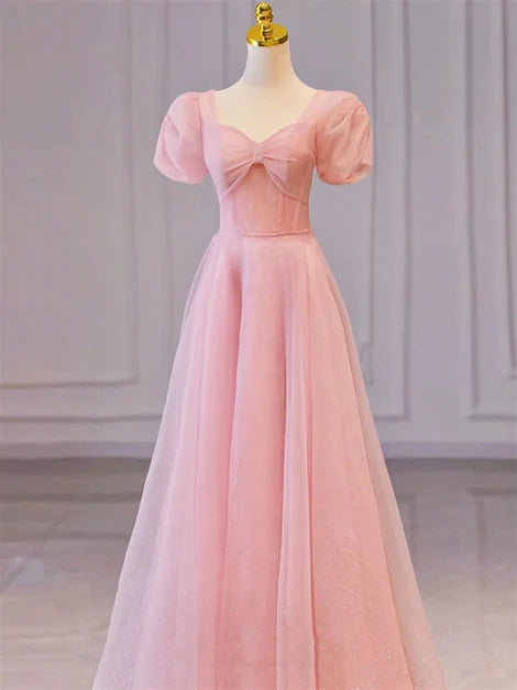 Luolandi Pink Sweetheart Short Sleeves Long A-line Prom Dress Evening Gowns Elegant