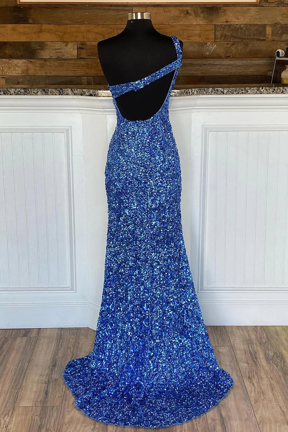 Luolandi Blue Evening Dress One Shoulder Mermaid Sequin Prom Dress Sparkly With Slit