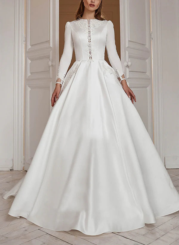 Luolandi A-Line Scoop Neck Long Sleeves Sweep Train Satin Wedding Dresses Floor Length Elegant