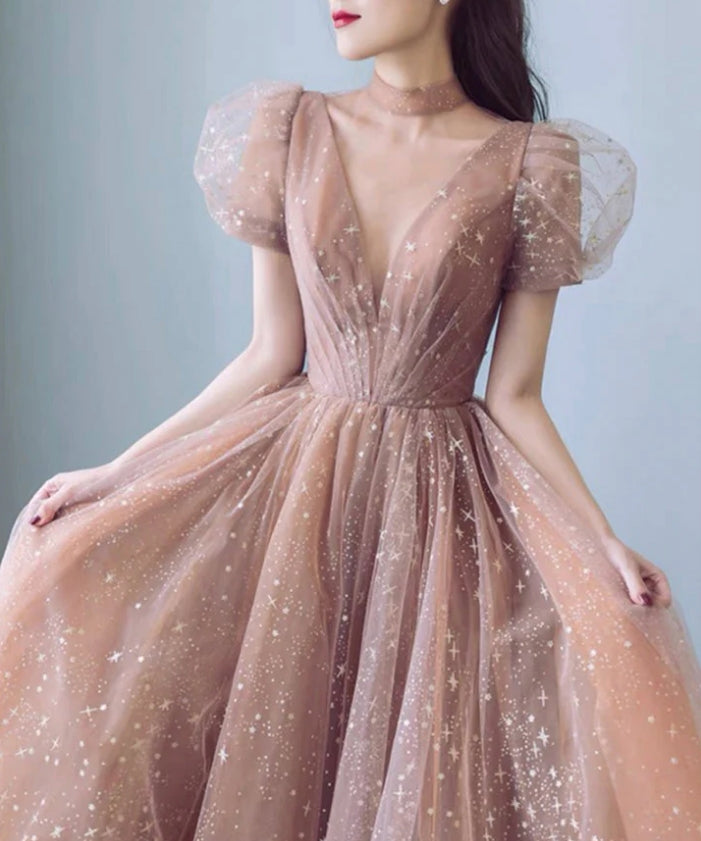 Luolandi Cute Tulle Long Prom Dress A-Line Short Sleeve Evening Party Dress V-neck