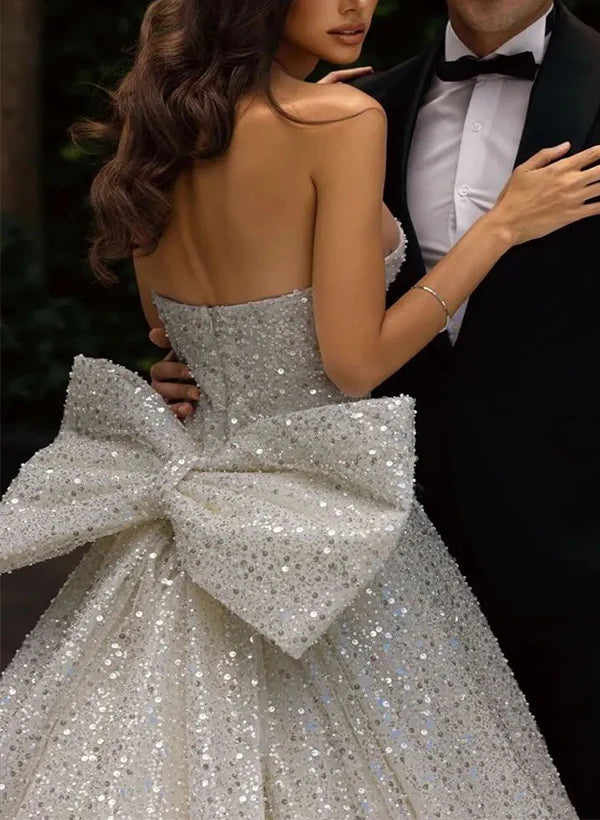 Luolandi Sleeveless Sequined Wedding Dresses With Bow(s) A Line Off Shoulder Long Sparkly