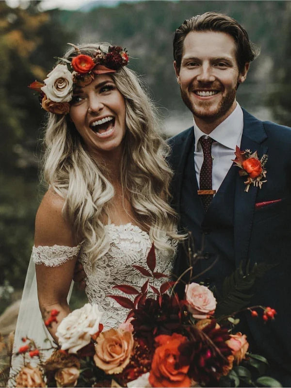 Luolandi Exquisite Lace Wedding Dresses Cap Sleeves Mermaid Bridal Dress Off Shoulder Elegant