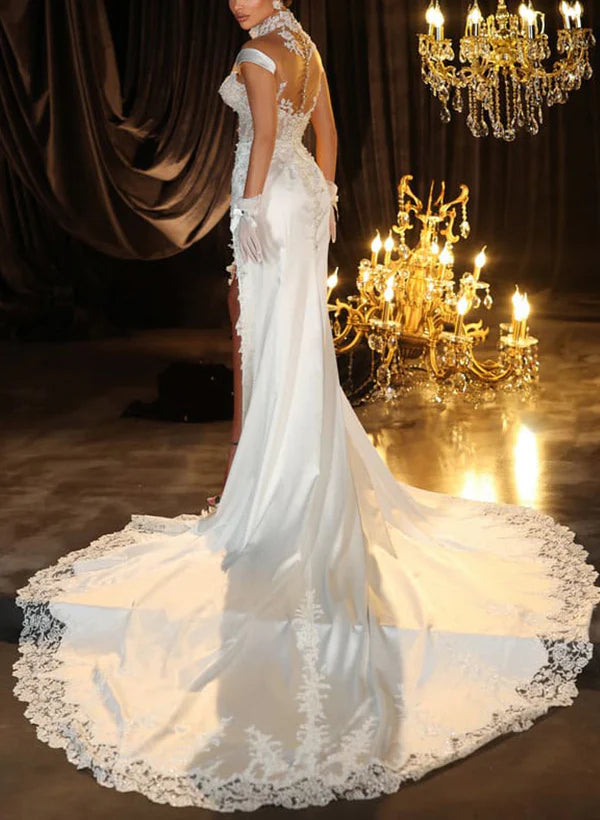 Luolandi Illusion Neck Lace/Silk Like Satin Wedding Dresses With Split Elegant Without Gloves